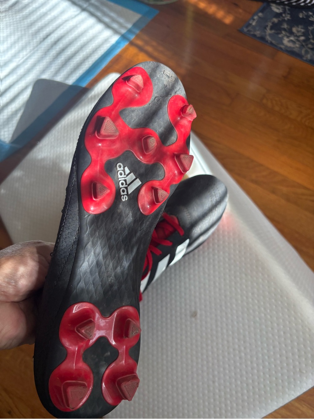 adidas Men's Black and White Athletic Shoes  Cleats with Red Laces